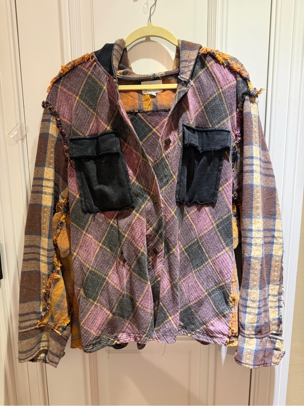 Oli & Hali Hooded Plaid Jacket in Purple & Mustard - Distressed-NWOT- Sz XL